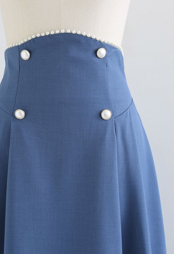 Pearly Waist Buttoned A-Line Midi Skirt in Blue