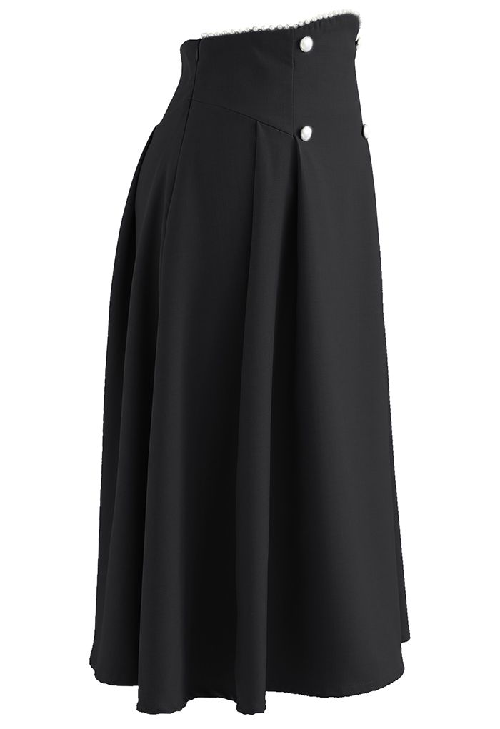 Pearly Waist Buttoned A-Line Midi Skirt in Black