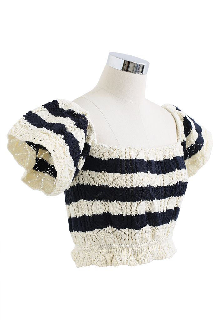 Flare Sleeve Striped Knit Crop Top
