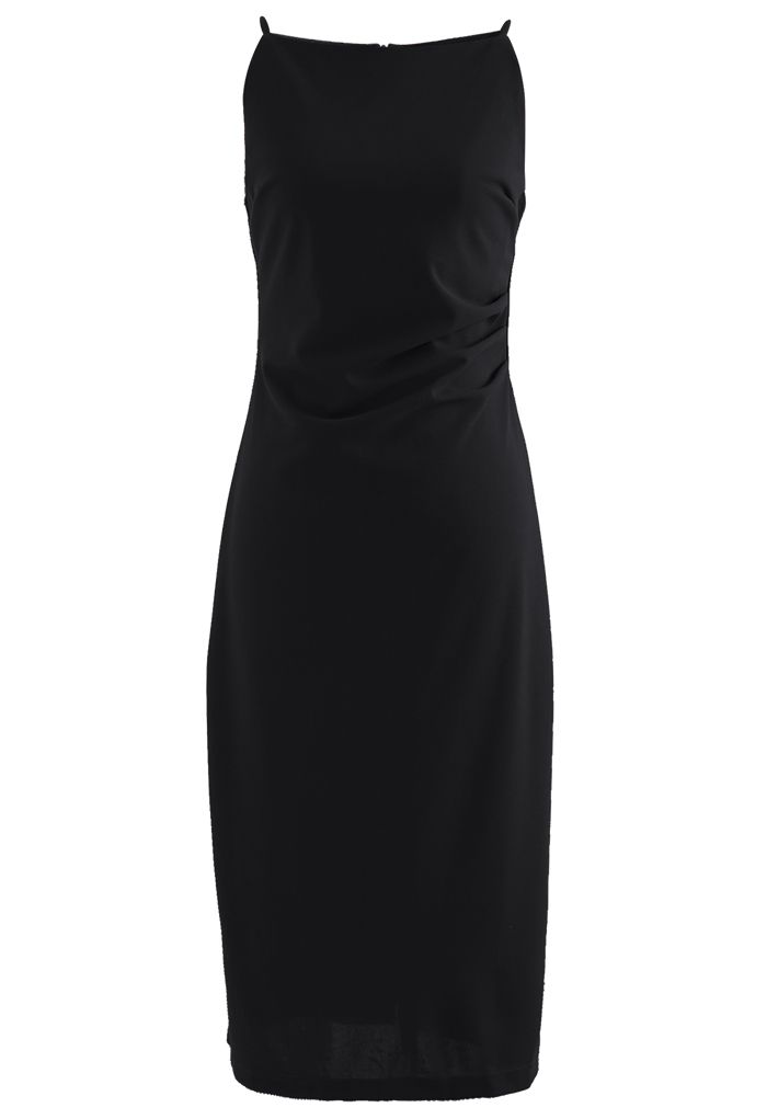 Side Pleated Split Sleeveless Midi Dress in Black