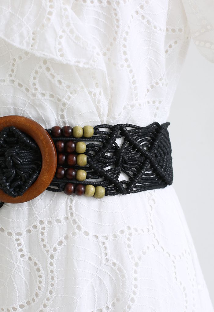 Wooden Buckle Bead Decor Woven Belt in Black