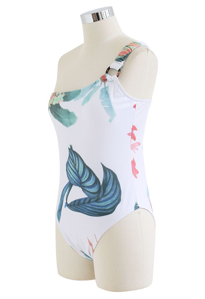O-Ring One-Shoulder Swimsuit in Green Leaf