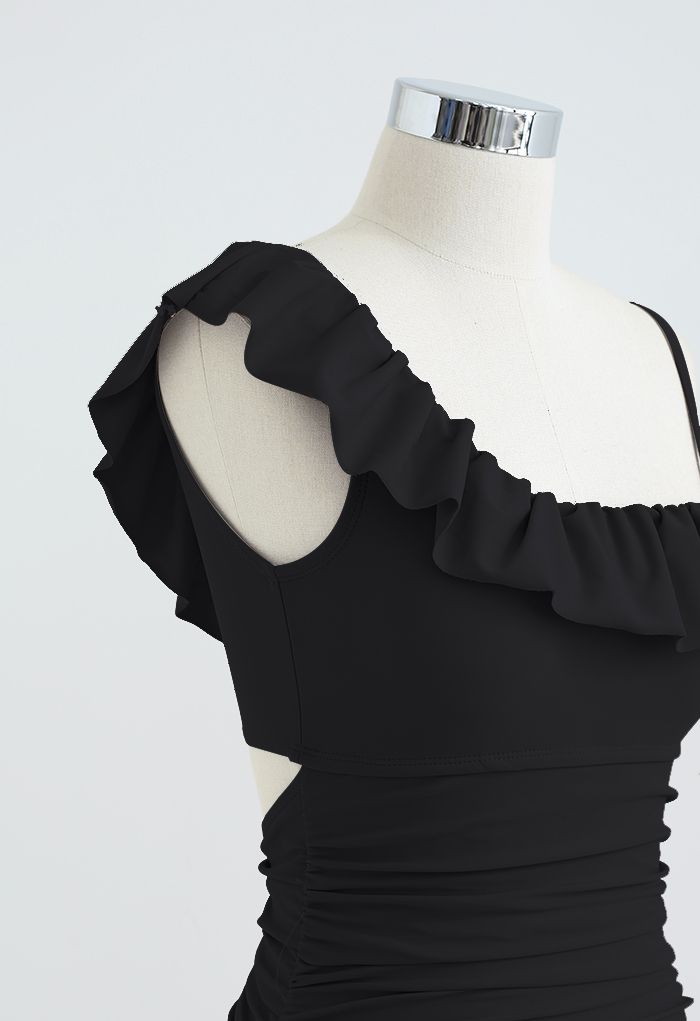 Ruffle Trim Ruched Swimsuit in Black - Retro, Indie and Unique Fashion
