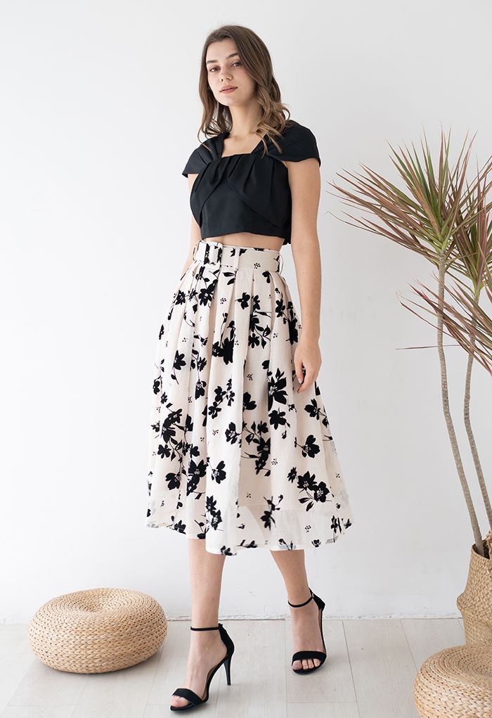 Black Velvet Floral Pleated Belted Midi Skirt