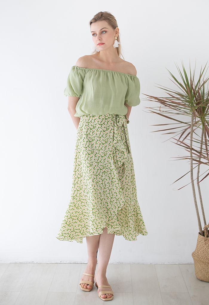 Green Daisy Tie-Waist Asymmetric Flap Skirt