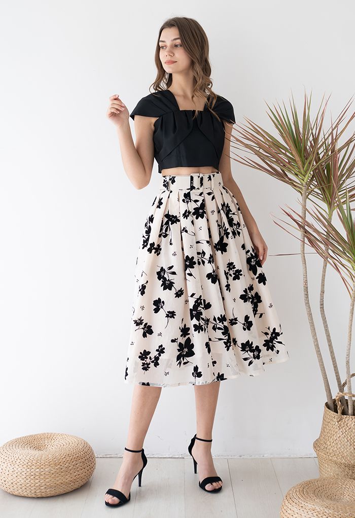 Black Velvet Floral Pleated Belted Midi Skirt