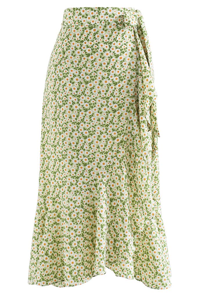 Green Daisy Tie-Waist Asymmetric Flap Skirt