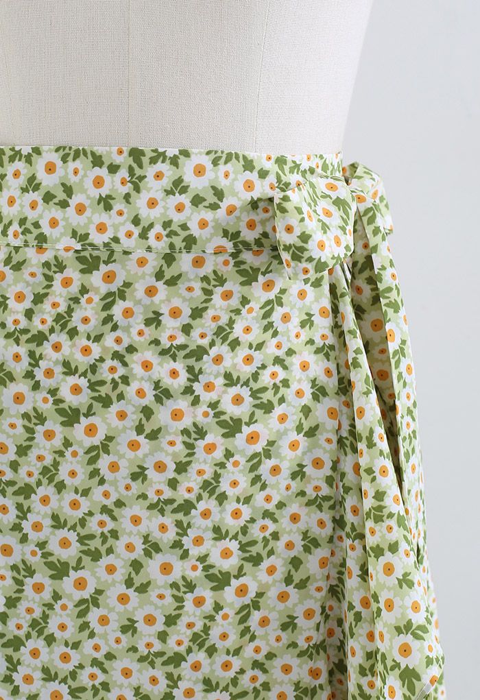 Green Daisy Tie-Waist Asymmetric Flap Skirt