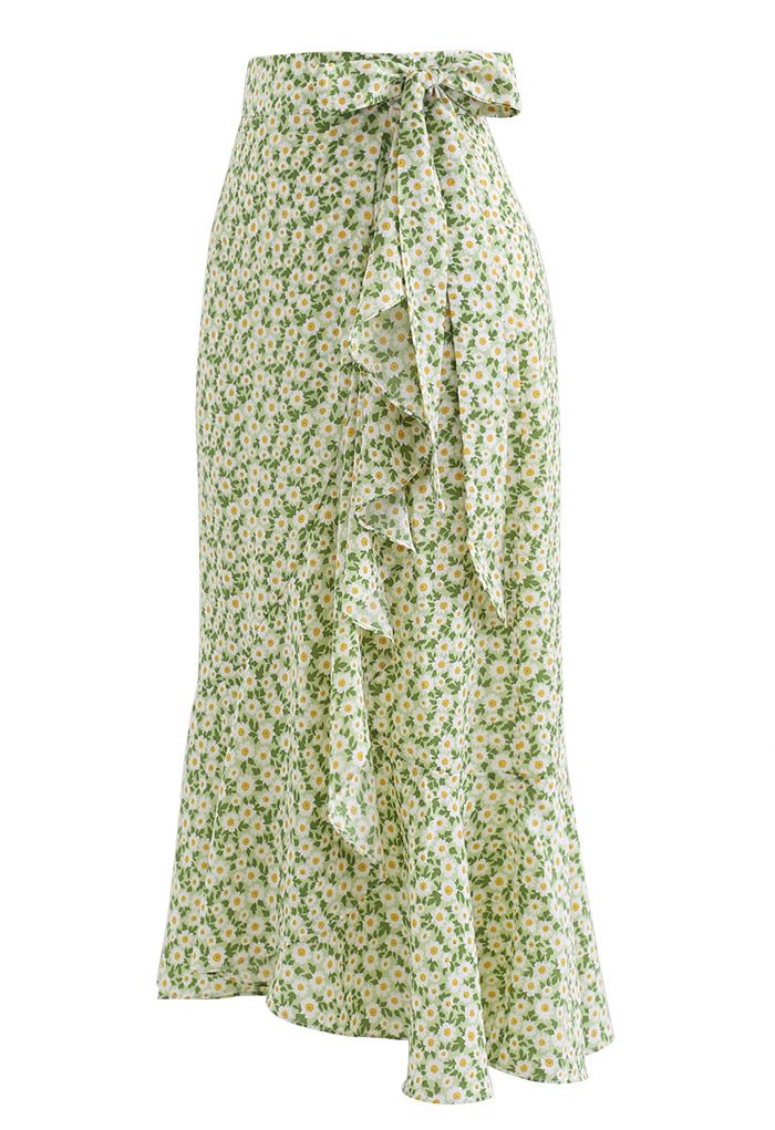 Green Daisy Tie-Waist Asymmetric Flap Skirt