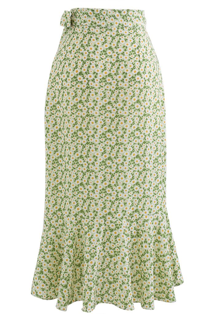 Green Daisy Tie-Waist Asymmetric Flap Skirt