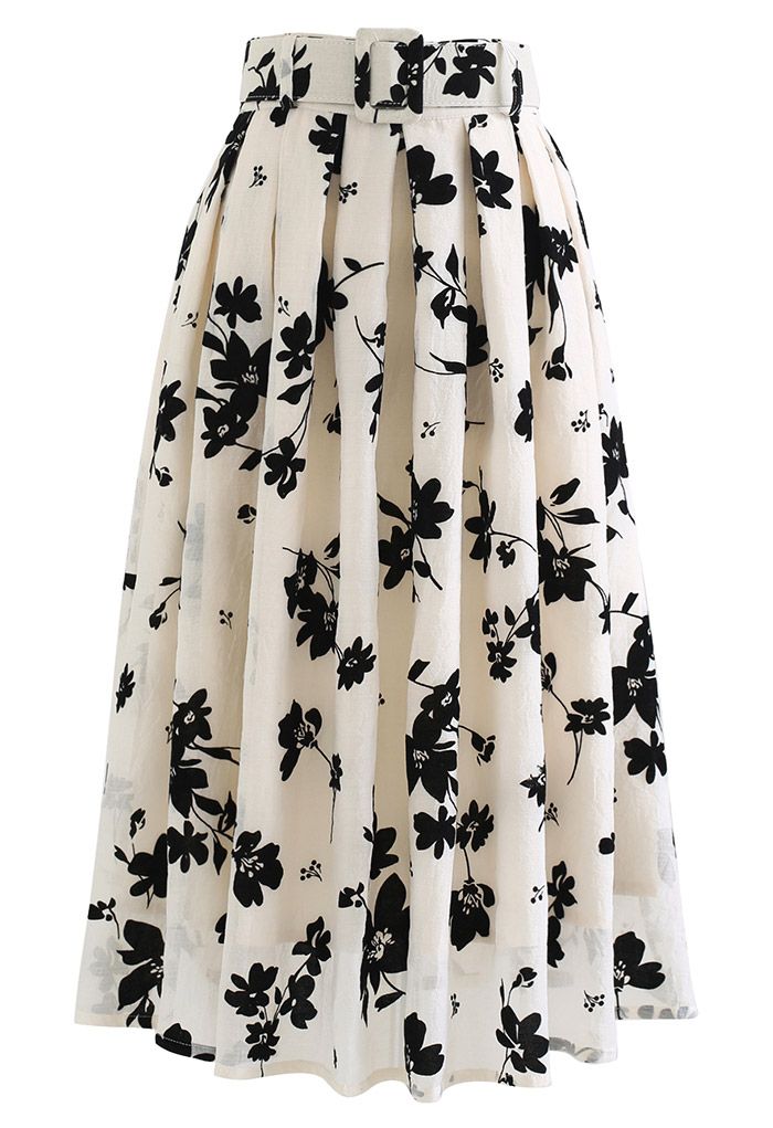 Black Velvet Floral Pleated Belted Midi Skirt