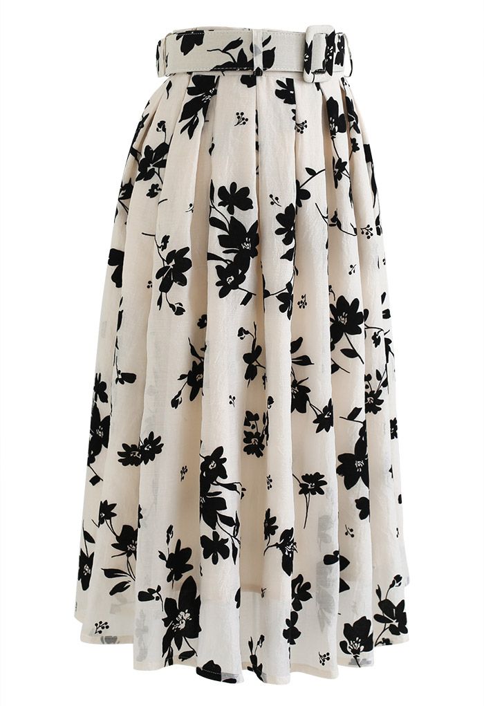 Black Velvet Floral Pleated Belted Midi Skirt