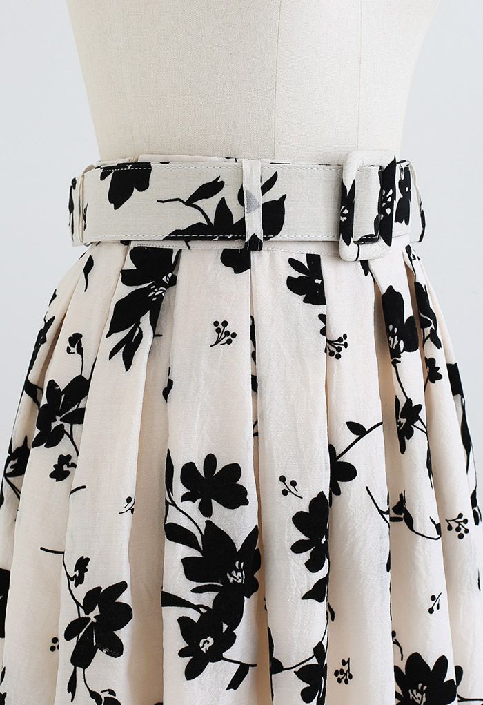 Black Velvet Floral Pleated Belted Midi Skirt