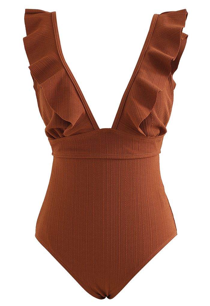 Deep-V Lace-Up Ruffle Swimsuit in Caramel