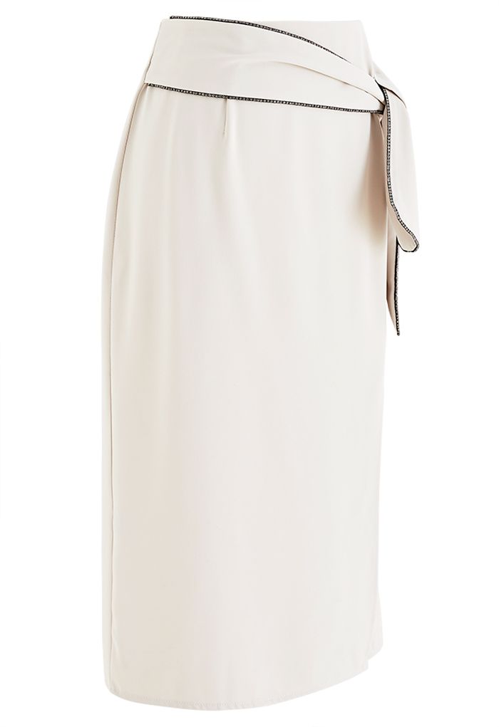 Crystal Edge Knotted Waist Split Pencil Skirt in Ivory