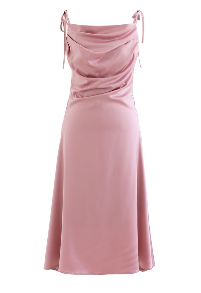 Ruched Cowl Neck Satin Cami Dress in Pink