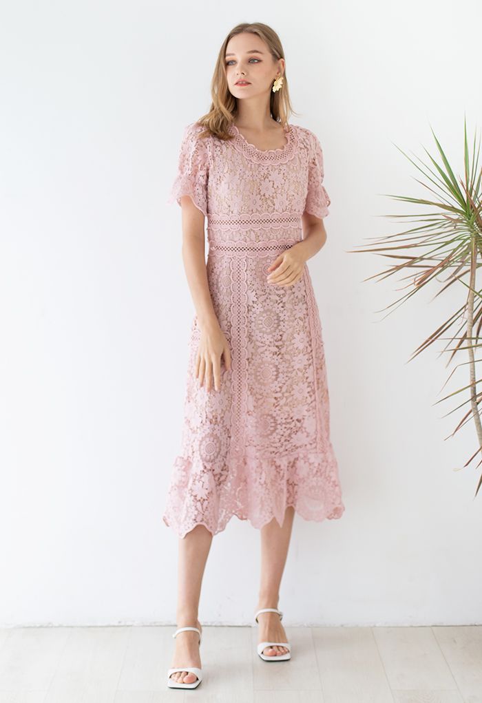 Floral Crochet Short-Sleeve Midi Dress in Pink
