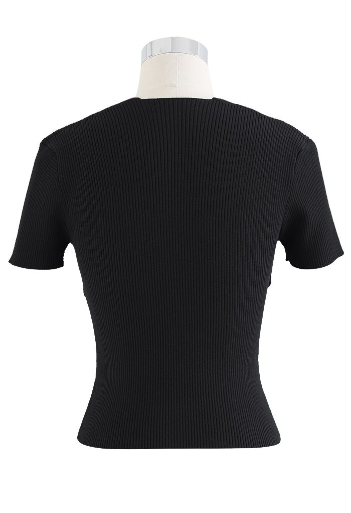 Square Neck Contrast Ribbed Knit Top in Black