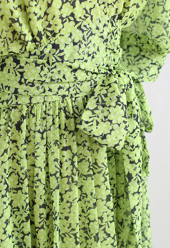 Floral Grid Wrap Chiffon Maxi Dress in Green