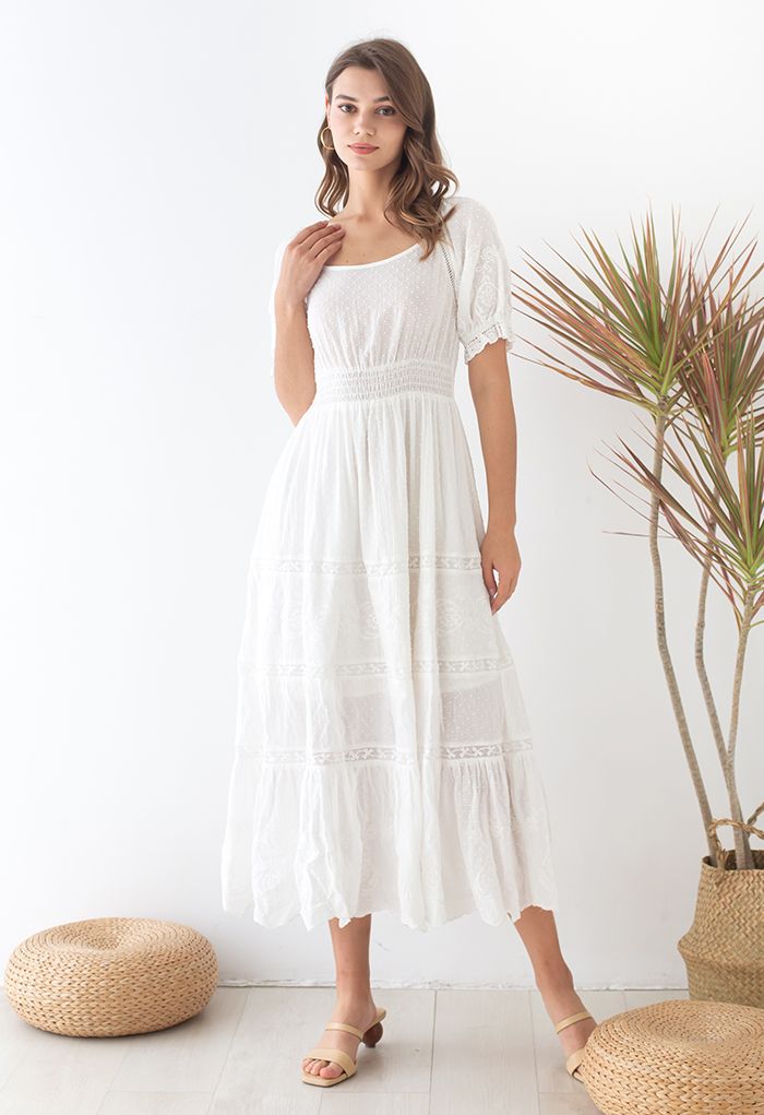 Flock Dots Embroidered Cotton White Dress