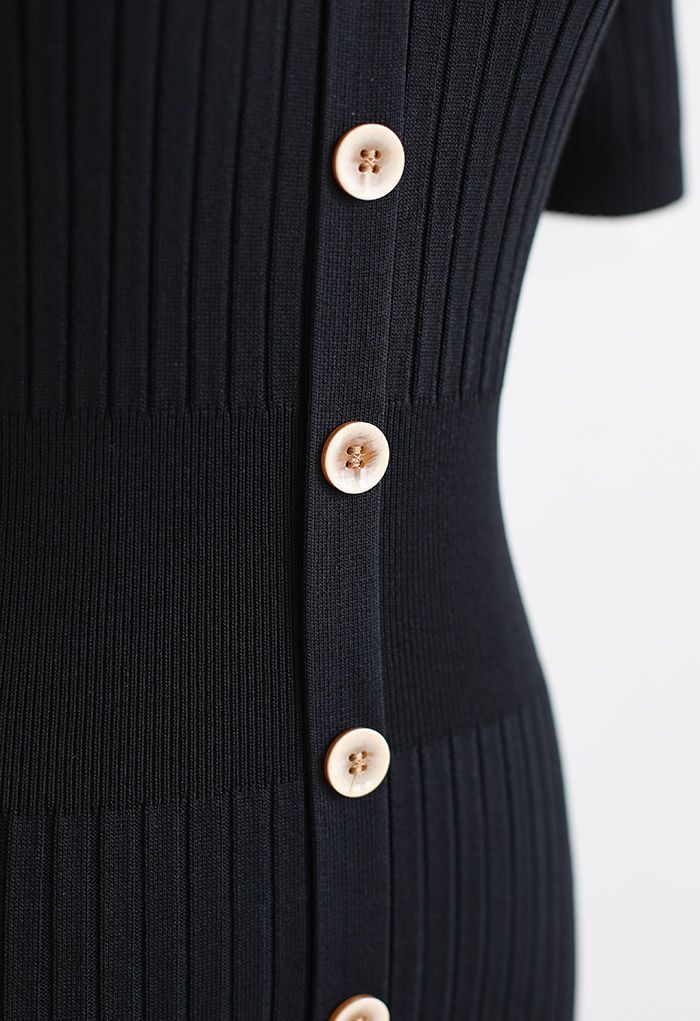 Buttons Trim Bodycon Knit Midi Dress in Black