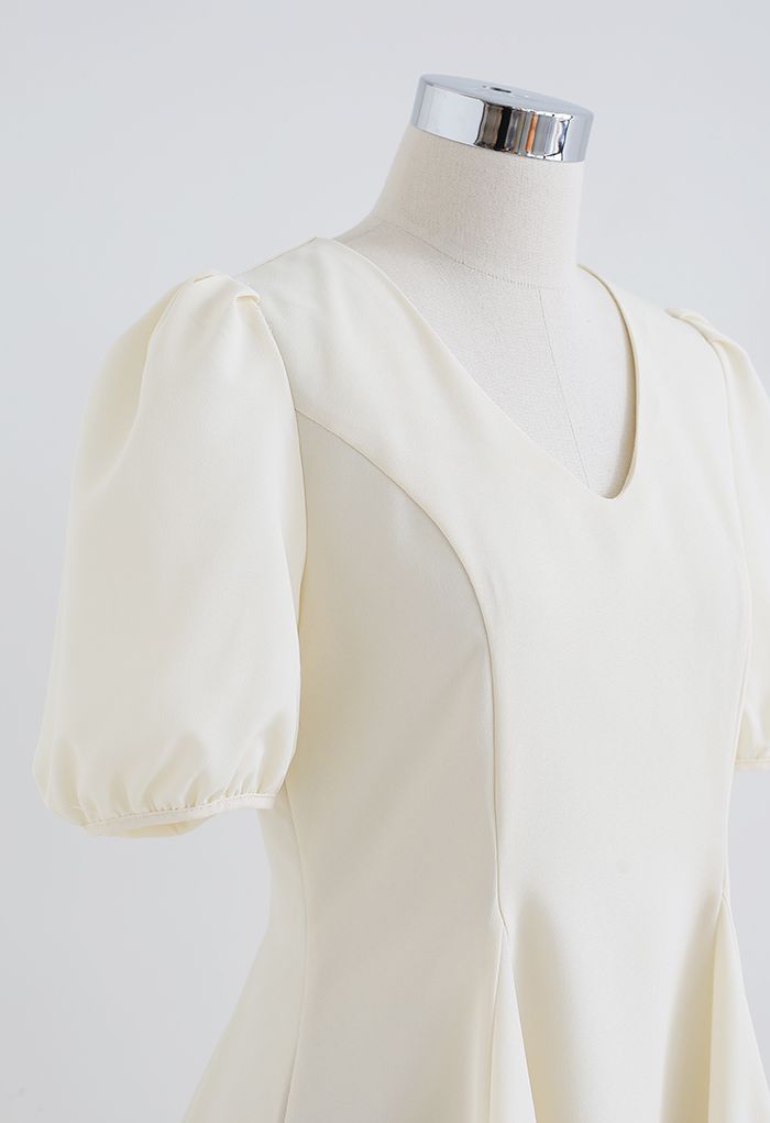 V-Neck Short Sleeve Panelled Midi Dress in Cream