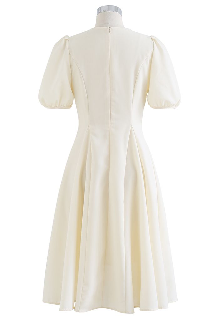 V-Neck Short Sleeve Panelled Midi Dress in Cream