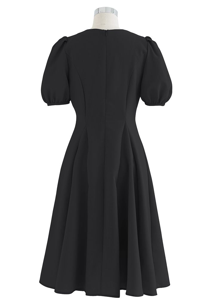 V-Neck Short Sleeve Panelled Midi Dress in Black