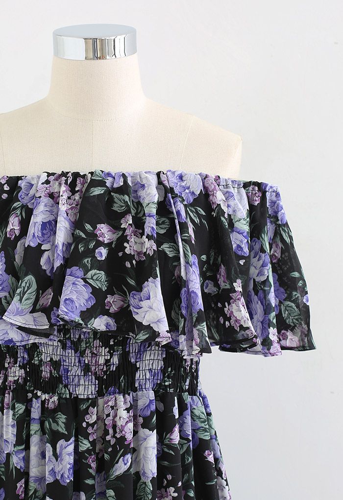Blossom Lacy Off-Shoulder Chiffon Midi Dress in Purple