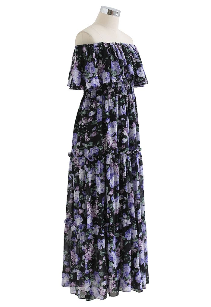 Blossom Lacy Off-Shoulder Chiffon Midi Dress in Purple