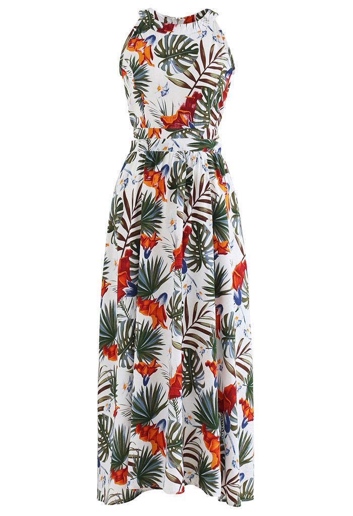 Summer Heaven Palm Print Halter Neck Maxi Dress