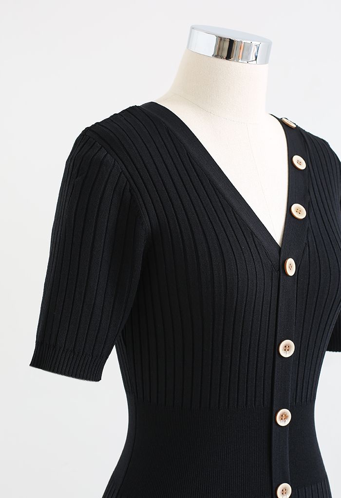 Buttons Trim Bodycon Knit Midi Dress in Black