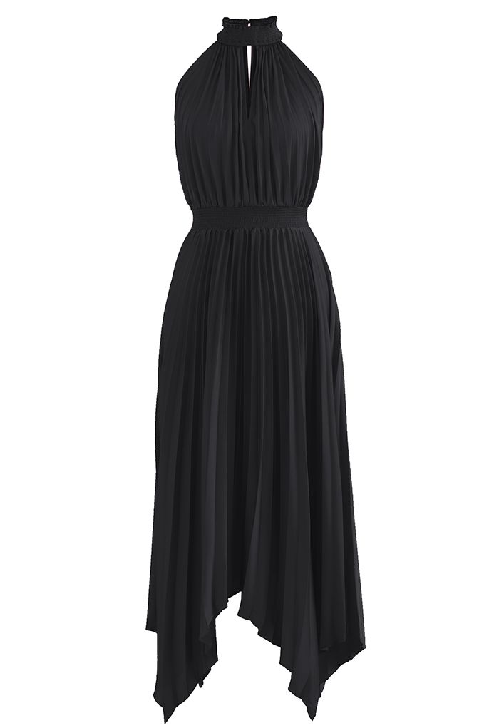 Halter Neck Pleated Asymmetric Maxi Dress in Black