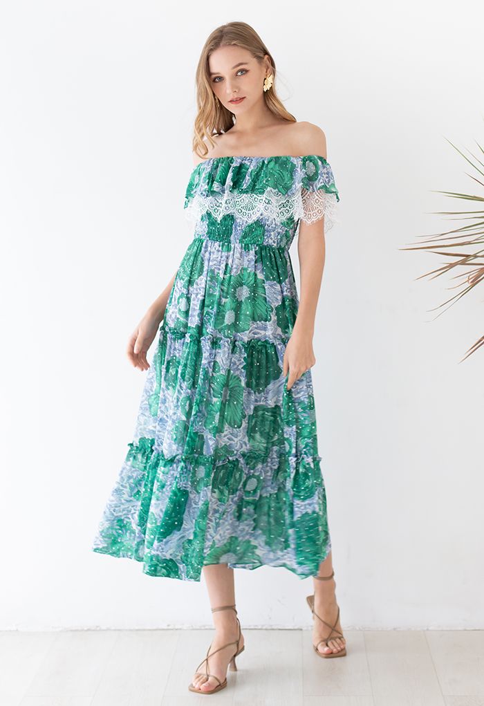 Blossom Lacy Off-Shoulder Shimmery Dot Midi Dress in Green