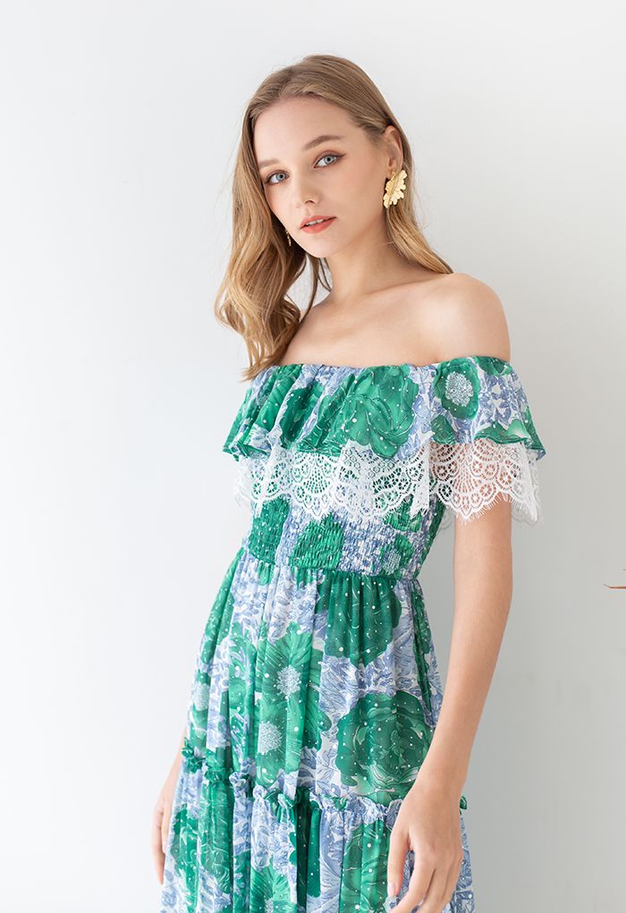 Blossom Lacy Off-Shoulder Shimmery Dot Midi Dress in Green