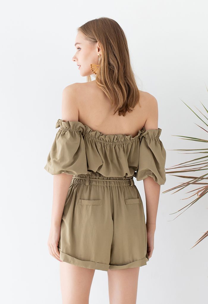 Ruffle Off-Shoulder Cotton Crop Top and Shorts Set in Camel