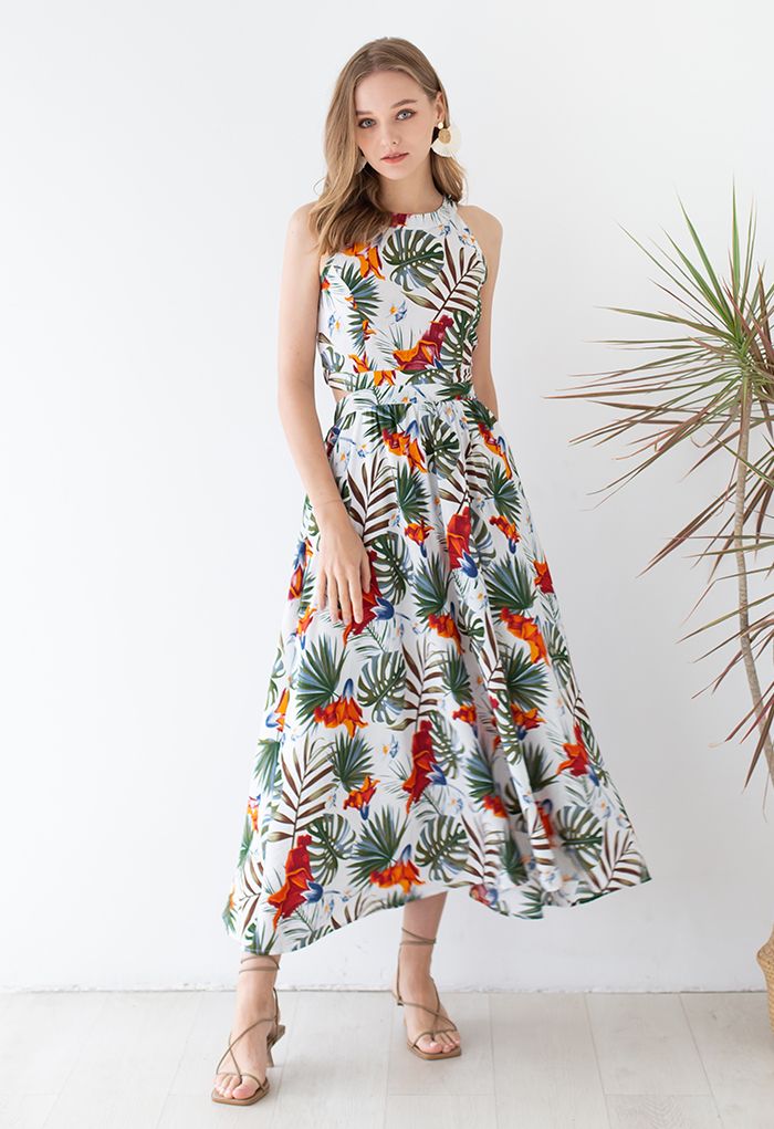 Summer Heaven Palm Print Halter Neck Maxi Dress