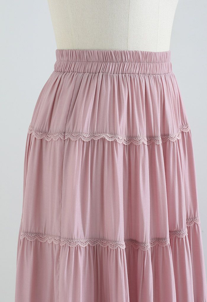 Scalloped Lace Pleated Frilling Midi Skirt in Pink