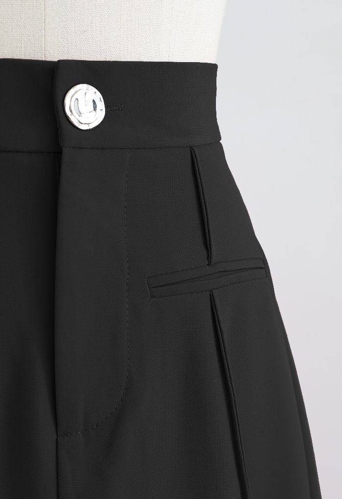 Faux Welt Pocket Seam Detail Midi Skirt in Black