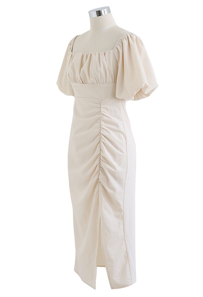 Self-Tie Bowknot Back Ruched Split Dress in Ivory