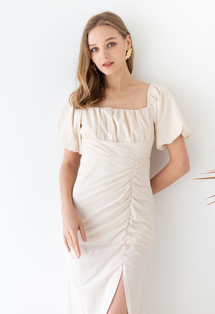 Self-Tie Bowknot Back Ruched Split Dress in Ivory