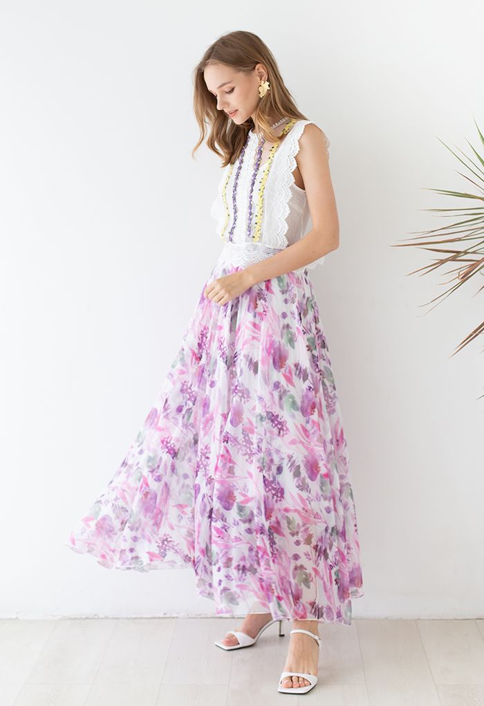 Plum Floral Watercolor Chiffon Maxi Skirt