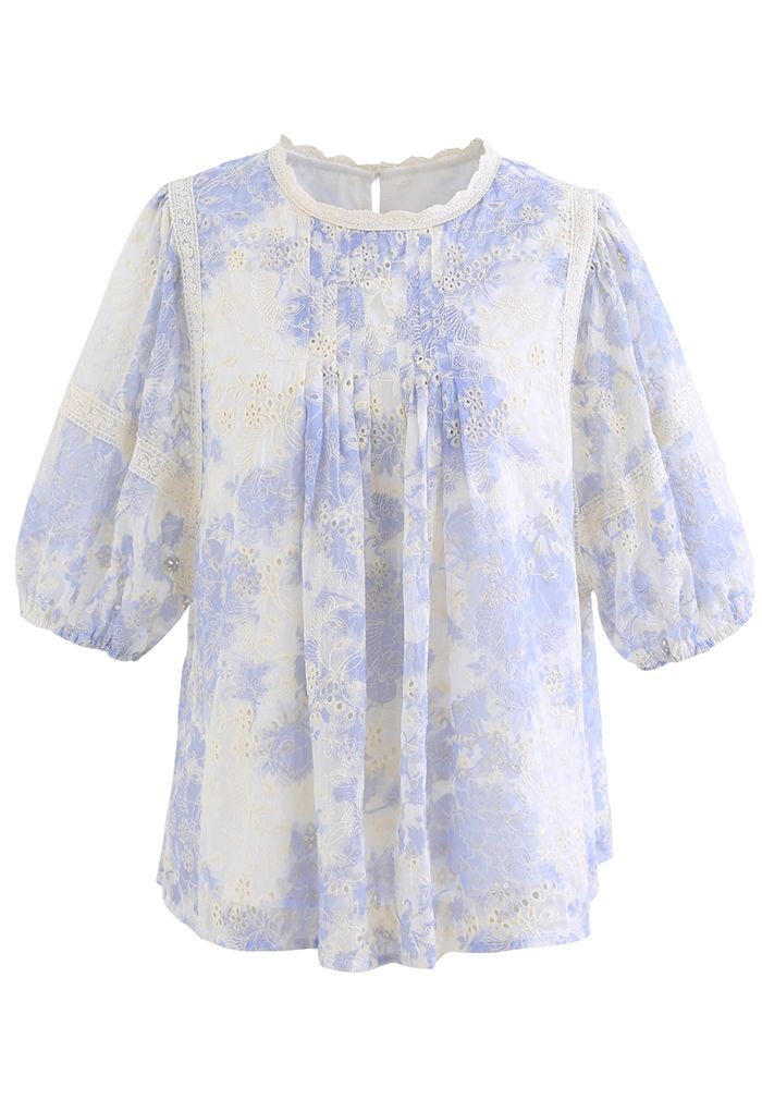 Floral Embroidery Puff Sleeve Top in Blue - Retro, Indie and Unique Fashion