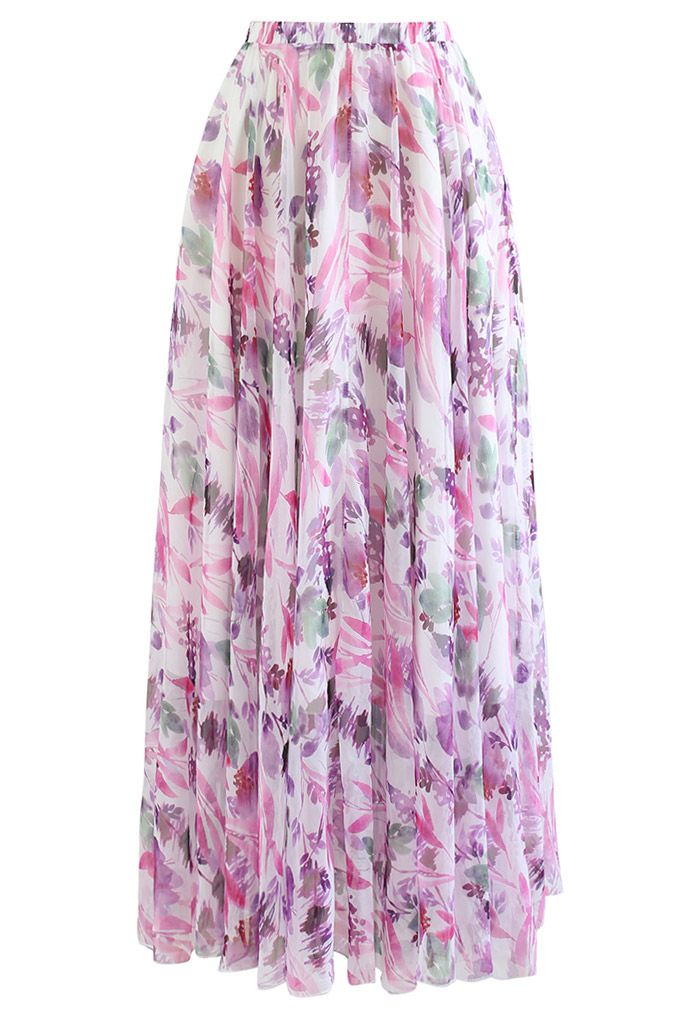 Plum Floral Watercolor Chiffon Maxi Skirt