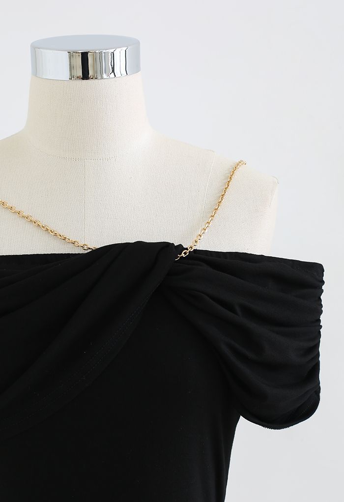 Chain Strap Draped Off-Shoulder Crop Top in Black