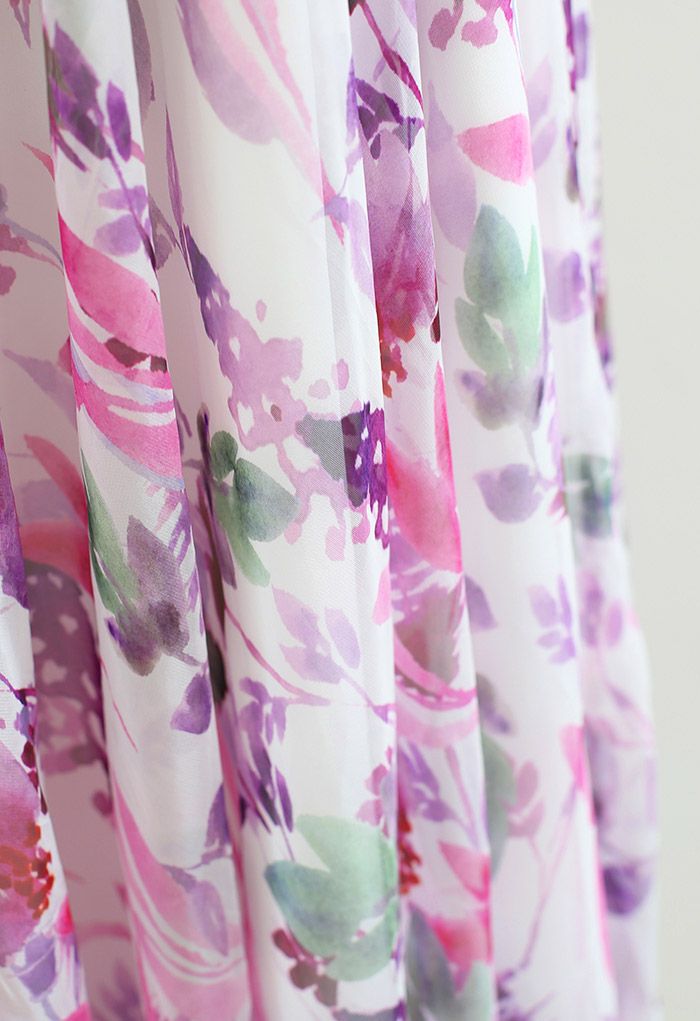 Plum Floral Watercolor Chiffon Maxi Skirt