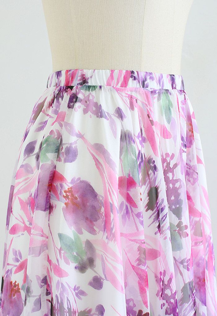 Plum Floral Watercolor Chiffon Maxi Skirt