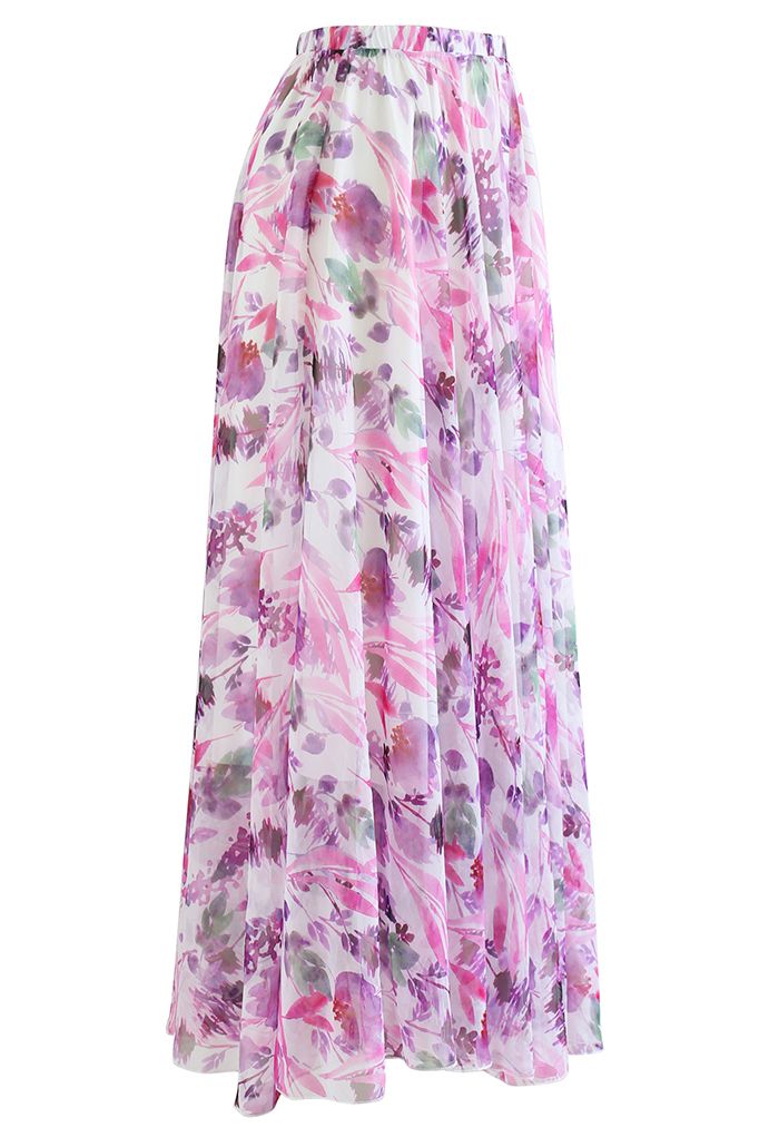 Plum Floral Watercolor Chiffon Maxi Skirt