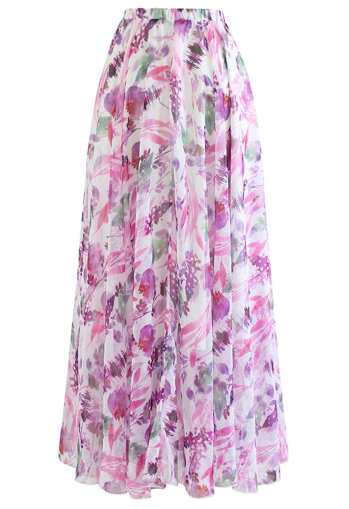 Plum Floral Watercolor Chiffon Maxi Skirt