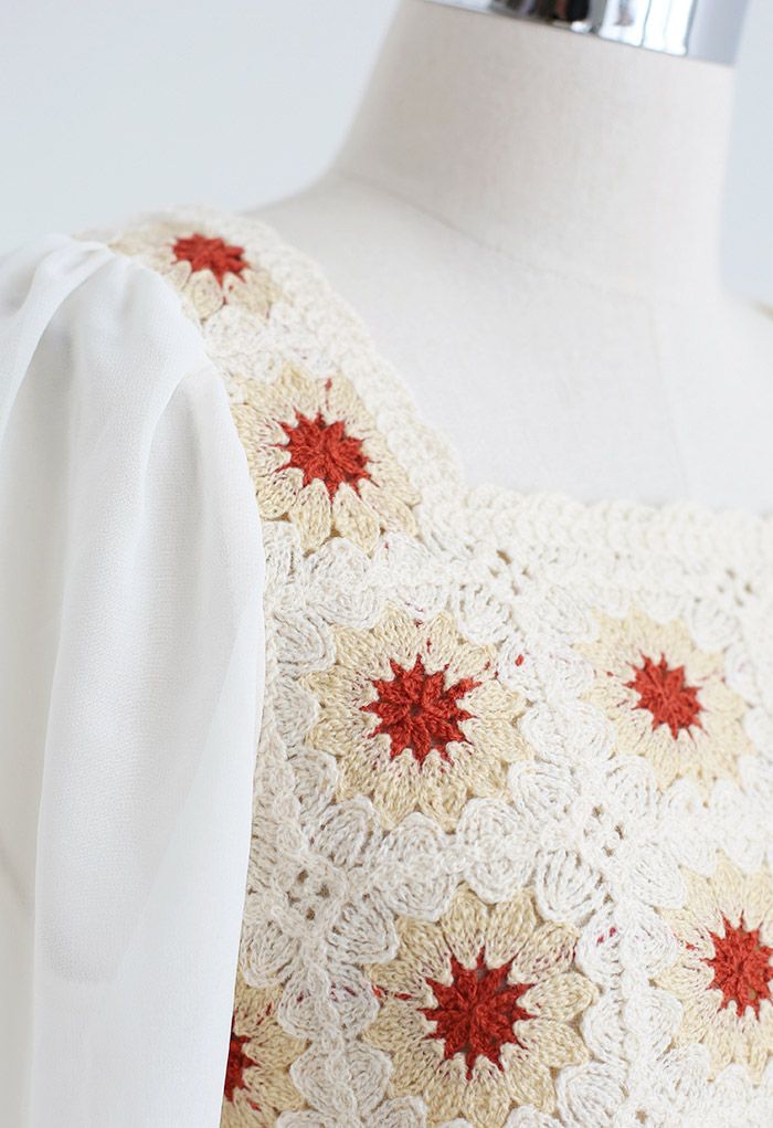Boho Cream Floral Crochet Spliced Top